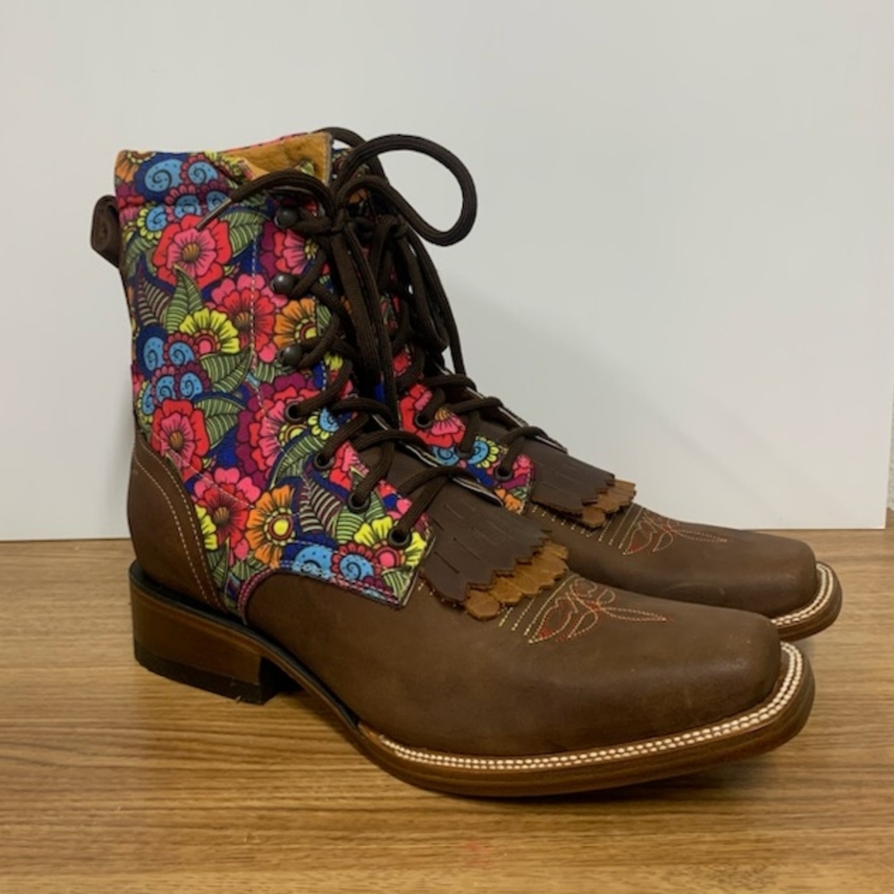 Floral Patterned Brown Leather Boots